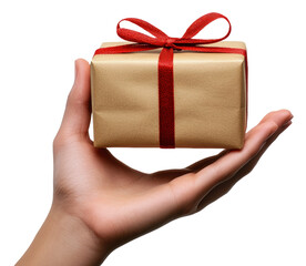 Hand holding a wrapped gift box, cut out - stock png.