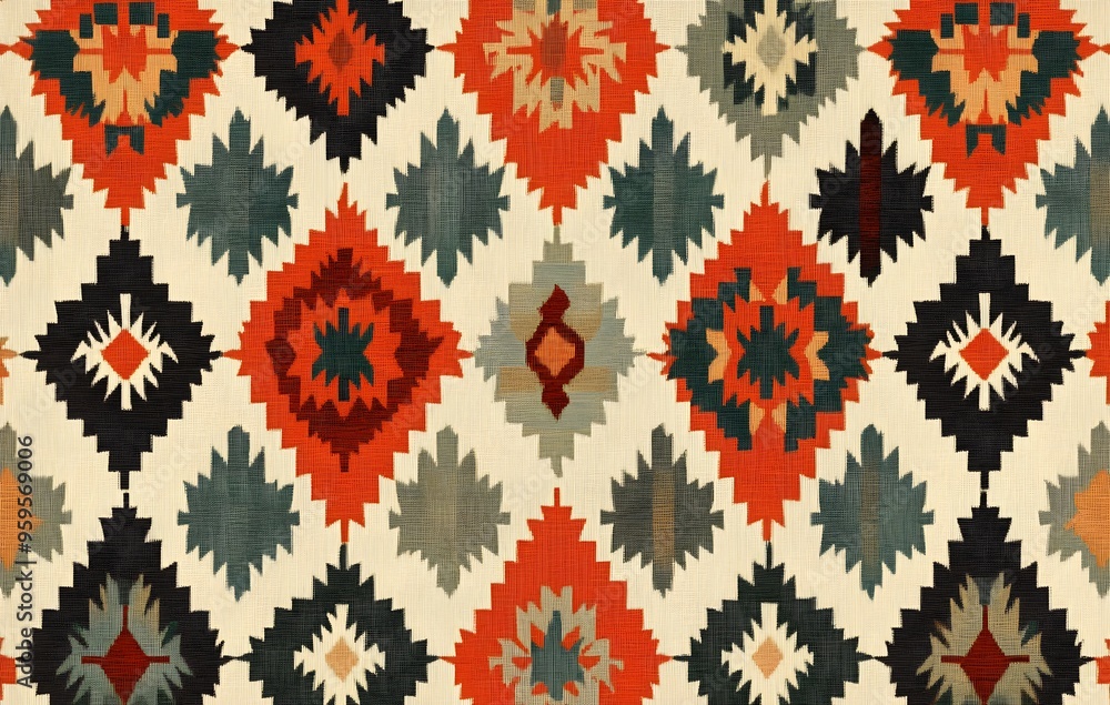 Poster 13. **full-size seamless kilim rug pattern with angular geometric motifs**