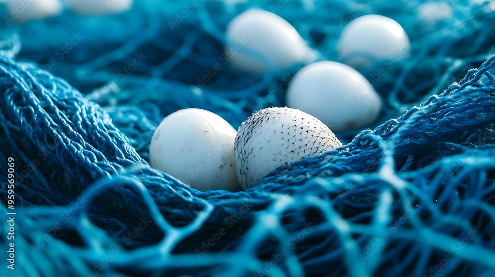 Poster White Eggs Trapped in a Blue Fishing Net