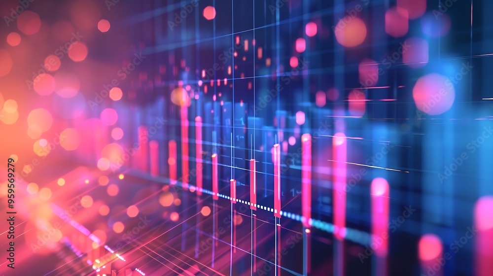 Poster abstract representation of stock market chart with bokeh lights shining red blue color scheme for co
