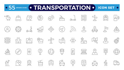 Transportation outline icon set. Thin line style of bus, car, truck, and train. Editable stroke outline icon.
