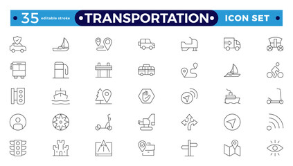 Transportation outline icon set. Thin line style of bus, car, truck, and train. Editable stroke outline icon.
