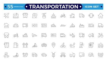 Transportation outline icon set. Thin line style of bus, car, truck, and train. Editable stroke outline icon.
