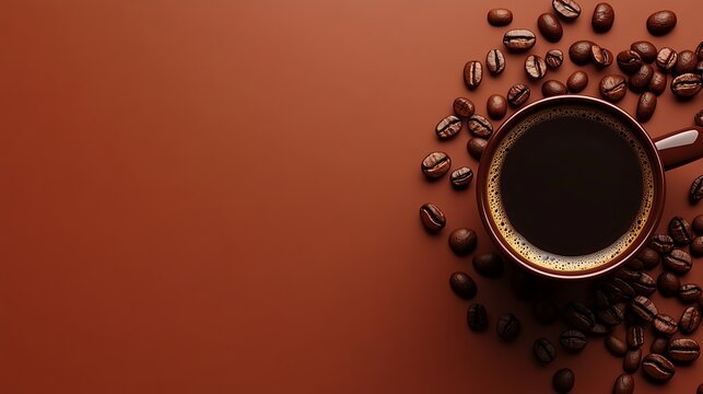 Coffee beans and a mug of java isolated pastel background Copy space
