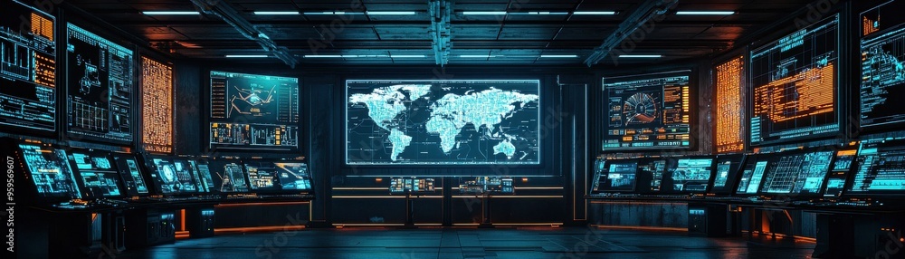 Poster futuristic control room with advanced technology, screens, and world map displaying data analysis an