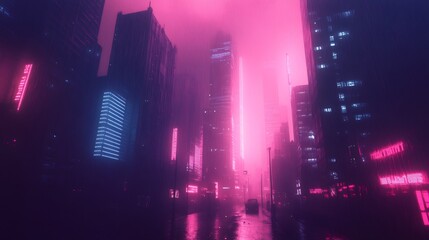 Obraz premium A car drives through a rainy, neon-lit city street.