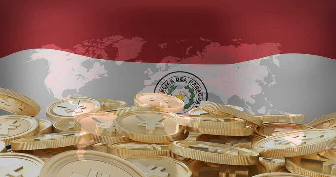 Paraguay flag and world map animation over pile of gold yen coins