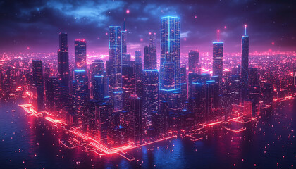 Fototapeta premium A futuristic infrastructure of a smart night city with blue neon colors and connection technology, showcasing a metaverse concept. It exudes a modern and digital atmosphere.