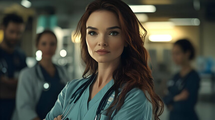 A confident female doctor in a medical setting with colleagues.