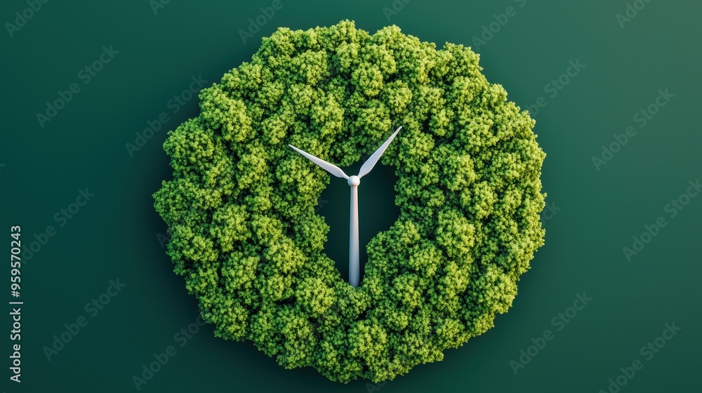 Poster a wind turbine is surrounded by trees and is the center of a clock