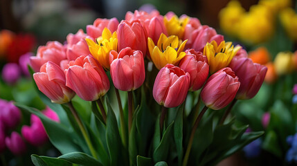 Obraz premium Springtime Flowers: Fresh, vibrant spring flowers arranged in garden settings or as part of Mother Day decorations.