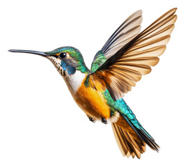 Fototapeta premium Vibrant hummingbird in flight, white backdrop, cut out - stock png.