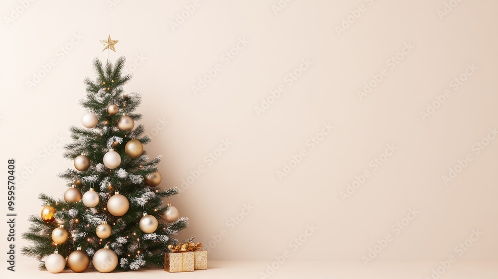 Poster minimalistic christmas tree with elegant ornaments for modern audiences on solid background. copy sp