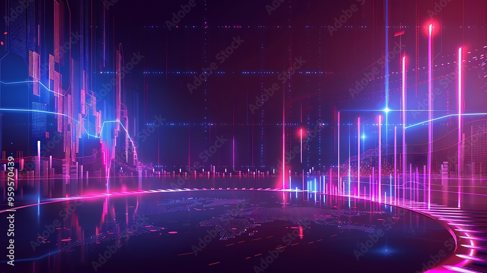 Poster abstract digital world shines with neon lines of data for modern progress futuristic technology conc