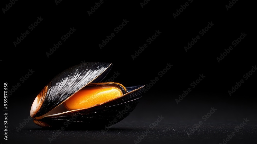 Poster a black and orange shell with a yellow object inside