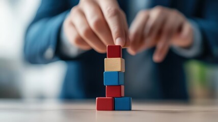 Businessperson stacking blocks labeled "savings," "investment," and "assets," illustrating financial planning