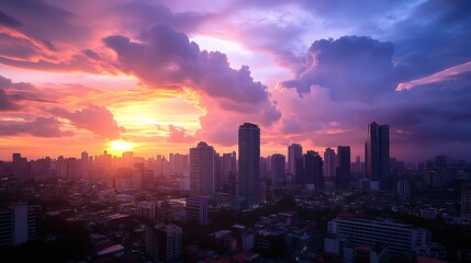 Fototapeta premium A city skyline at sunset with a dramatic sky filled with vibrant clouds.