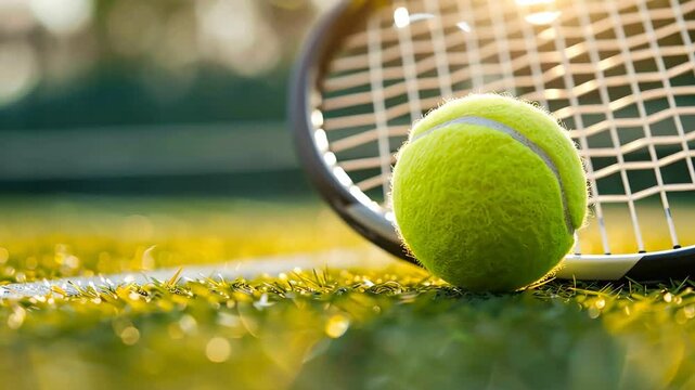 Tennis ball with racket on grass, vibrant green court, sunny day,