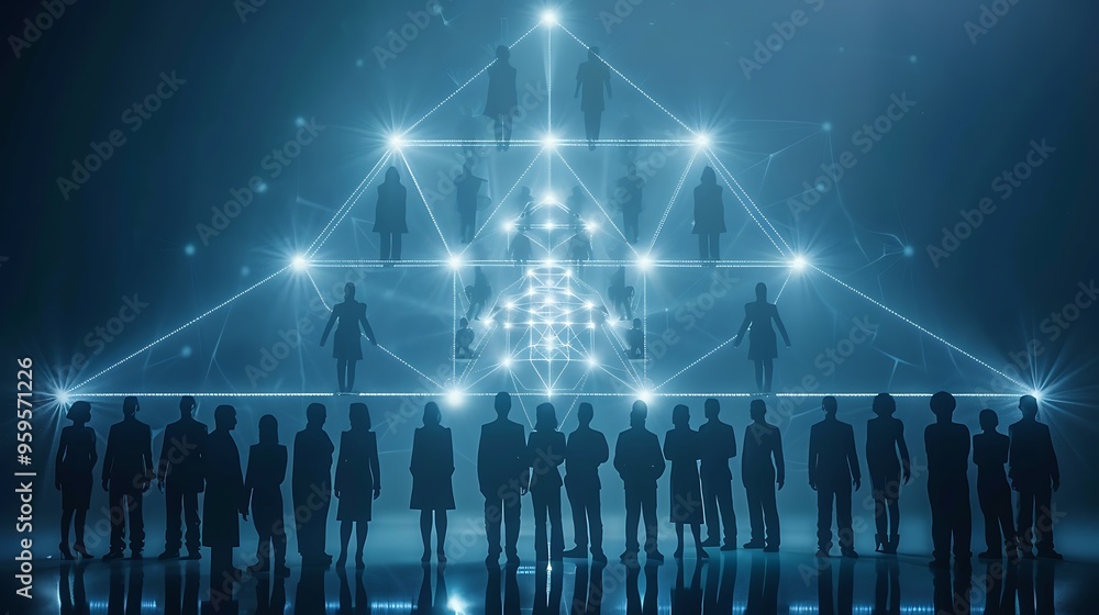 Poster silhouette of standing person with pyramid shape network structure hierarchy organizational chart fo