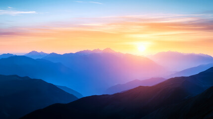 Obraz premium Silhouetted Mountains At Sunrise, With A Vibrant Orange And Pink Sky. The Image Evokes A Sense Of Peace And Tranquility.