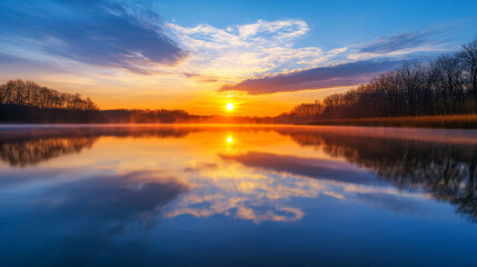 Obraz premium Golden sunrise over a tranquil lake with fog and trees reflected in the water. the sky is a beautiful blend of blue, orange and pink. perfect for your nature, landscape, or travel projects.