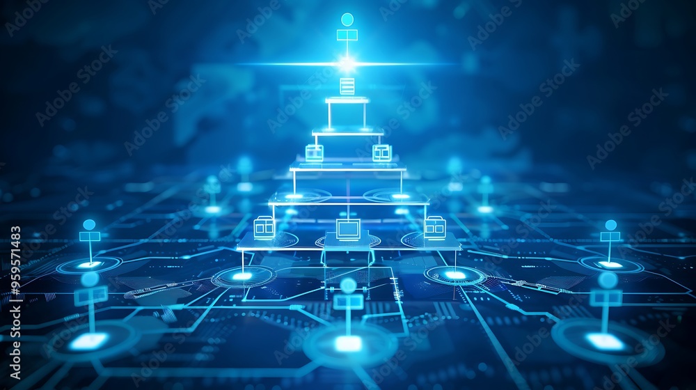 Poster abstract digital network hierarchy with blue circuit board background glowing pyramid structure for 