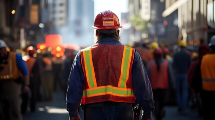 A construction worker observing a busy street filled with workers.