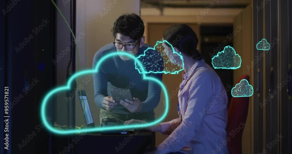 Poster cloud computing and data storage animation over two people working in server room