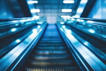 Obraz premium Blue escalator in a modern interior, blurred perspective with vanishing point.