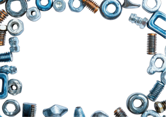 A collection of various nuts and bolts are arranged in a circle