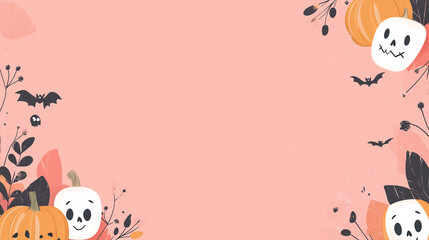 A flat vector illustration featuring a cute Halloween-themed border with playful pumpkins and smiling skulls. The design is minimalist, with simple shapes and a bright, lively pink background. The