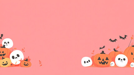 A cute and simple flat design illustration of a Halloween-themed border, featuring playful pumpkins and skulls. The minimalist design uses a bright pink background and a lively color scheme. The