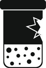 Black and white silhouette of a chemical flask exploding with cracked glass containing hazardous substance
