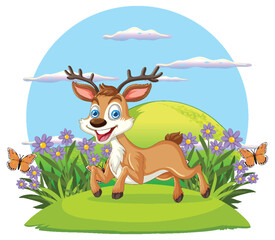 Happy Deer in Flower Field