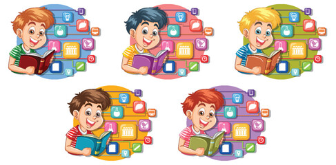 Children Reading with Digital Icons