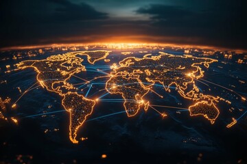 A stylized map of the world with bright lines connecting major cities to the United States, symbolizing America's global reach in commerce and culture