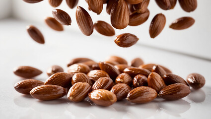 Obraz premium Collection of Almond: small almonds on the ground and falling or flying from above on white background with Generative AI Technology