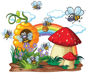 Happy Bees in a Colorful Garden