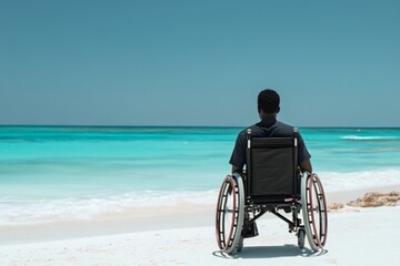A black man in wheelchair on the beach, looking at sea view