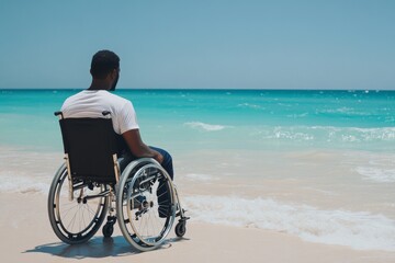 Naklejka premium photo of black man in wheelchair on the beach, looking at sea view