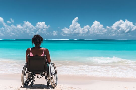 A black woman in wheelchair on the beach, looking at sea view - Powered by Adobe