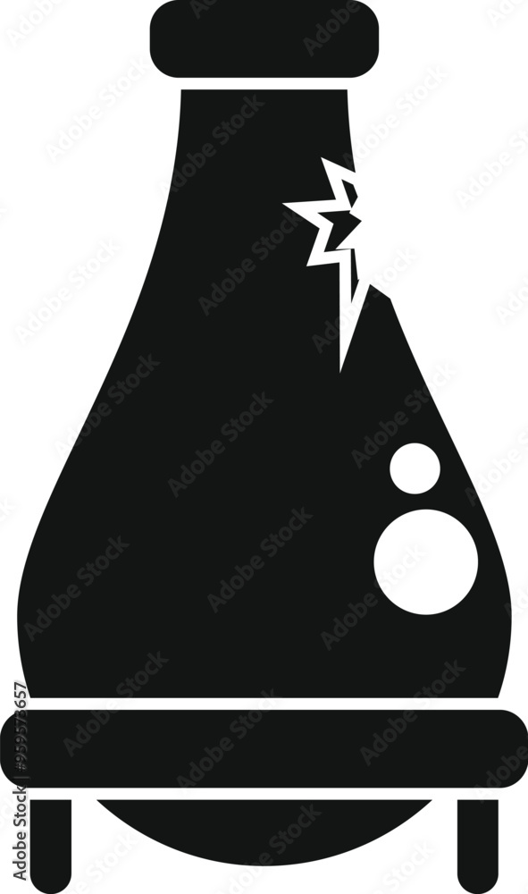 Poster black simple icon of a chemical flask with a damaged surface standing on a support, isolated on a wh