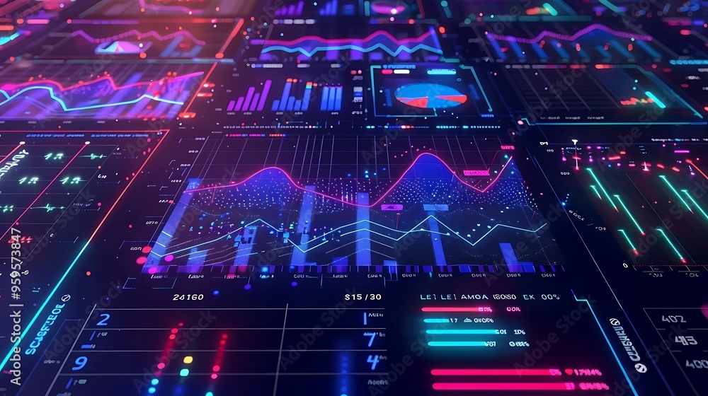 Poster digital display with complex series of colored graphs visualizing data for modern analysis technolog