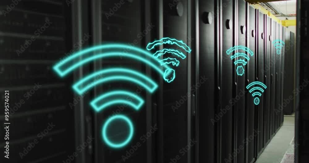 Canvas Prints wi-fi signal icons animation over server racks in data center