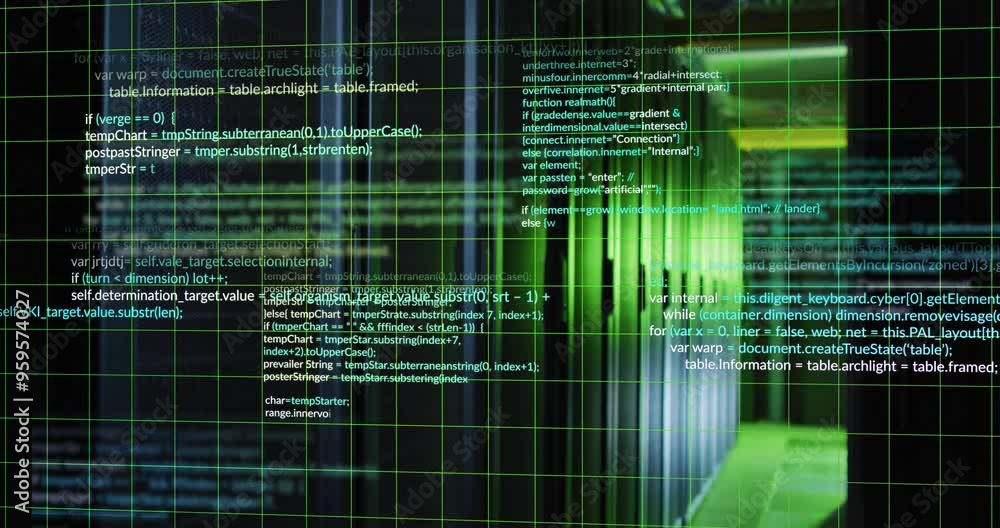 Poster Computer code and data processing animation over green and black grid background