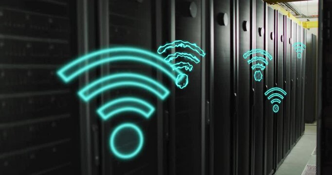 Wi-Fi signal icons animation over server racks in data center