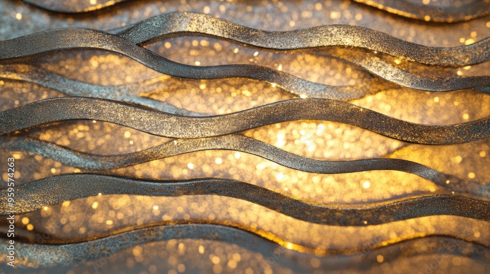 Poster an intricate metallic wave texture with shimmering highlights flows in waves, illuminated by warm go