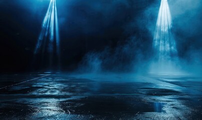 Obraz premium Moody dark stage with blue spotlights and fog. Dramatic lighting concept for performance or event design.