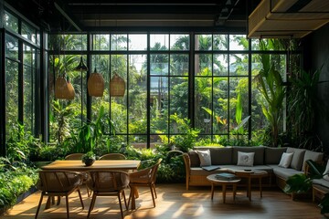 Fototapeta premium A spacious dining and living area featuring large windows, abundant indoor plants, wicker furniture, and warm natural lighting.