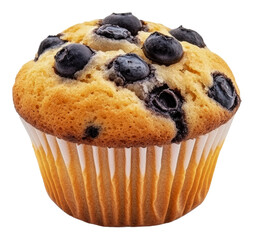 Freshly baked blueberry muffin on display, cut out - stock png.